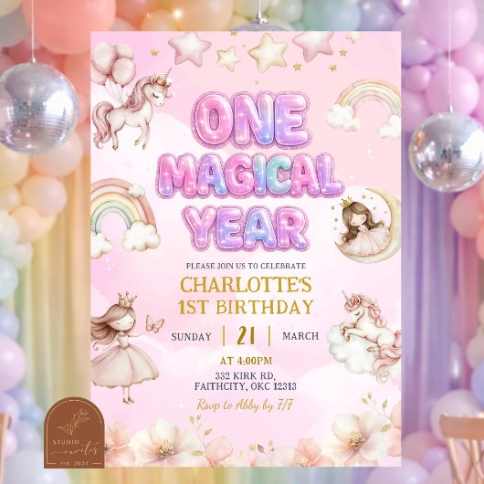 Invitation Licorne un an année magique Premier anniversaire