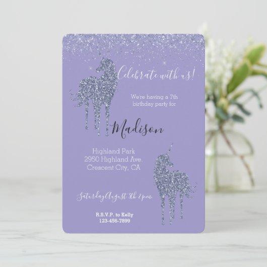 Invitation Licorne Violette Paillettes (Debout devant)