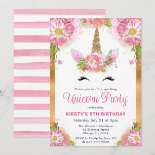 Invitation Licorne Visage & Fleurs Roses Aquarelle Anniversai