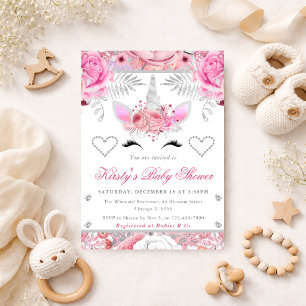 Invitation Licorne Visage Rose Argent Baby Shower Carré
