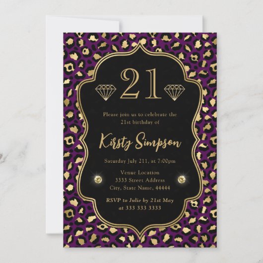 Invitation Lieux de léopard pourpre et or 21e anniversaire (Devant)
