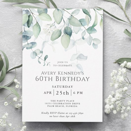 Invitation Light Airy Eucalyptus 60e fête d'anniversaire