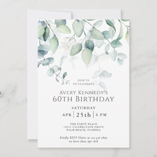 Invitation Light Airy Eucalyptus 60e fête d'anniversaire (Devant)