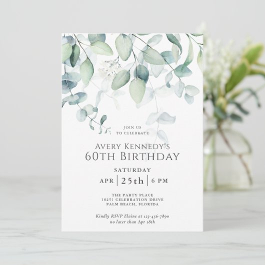 Invitation Light Airy Eucalyptus 60e fête d'anniversaire (Debout devant)