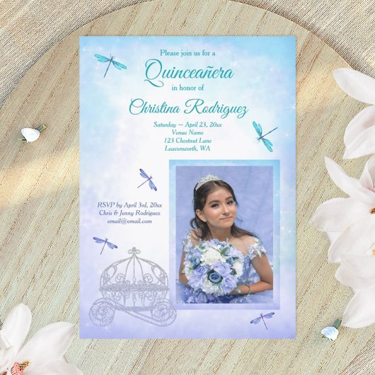 Invitation Light Blue and Turquoise, Carriage Quinceañera 