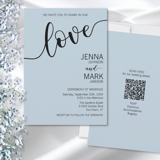 Invitation Light Blue Black Love Script Minimalist Wedding