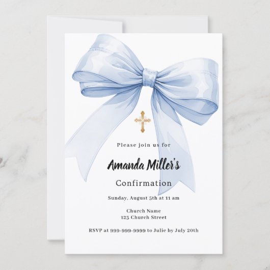 Invitation Light blue bow girl Confirmation (Devant)