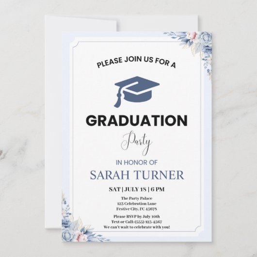 Invitation Light Blue Chic Floral Minimalist Graduation Party (Devant)