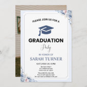 Invitation Light Blue Chic Floral Minimalist Graduation Party (Devant / Derrière)