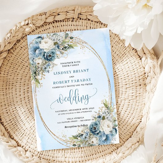 Invitation Light Blue Floral Gold Glitter Boho Wedding Invite