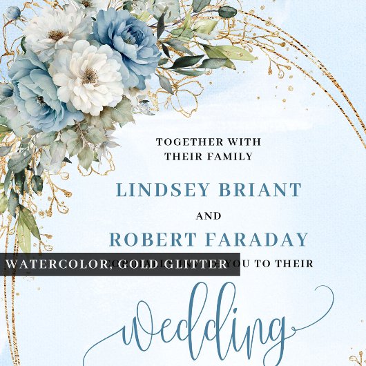 Invitation Light Blue Floral Gold Glitter Boho Wedding Invite