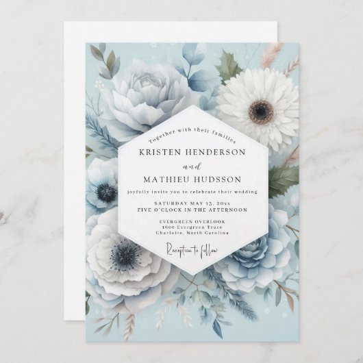 Invitation Light Blue Floral Whimsical Wedding (Devant / Derrière)