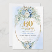 Invitation Light blue floral white peony gold 60th birthday  (Devant)