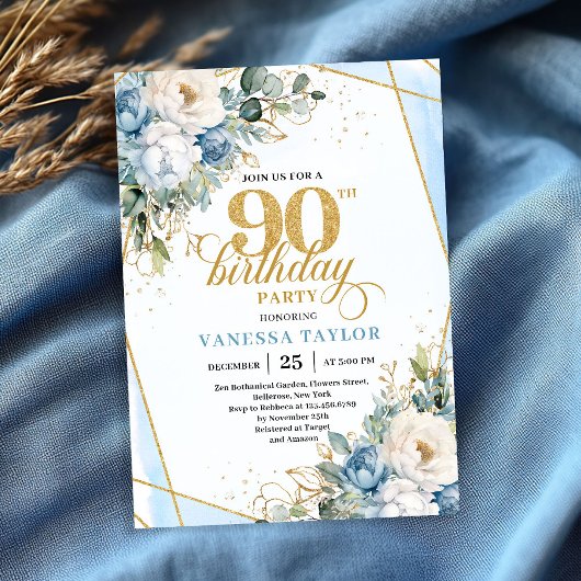 Invitation Light blue gold brushed glitter 90th birthday 