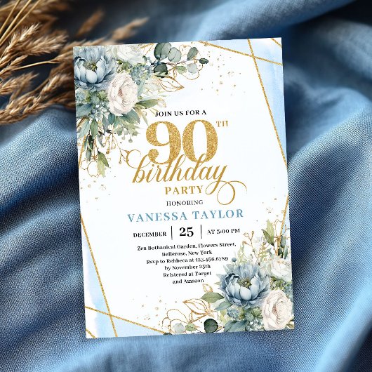 Invitation Light blue gold luxe border greenery 90th birthday