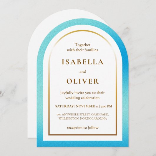 Invitation Light blue golden frame gradient wedding (Devant / Derrière)
