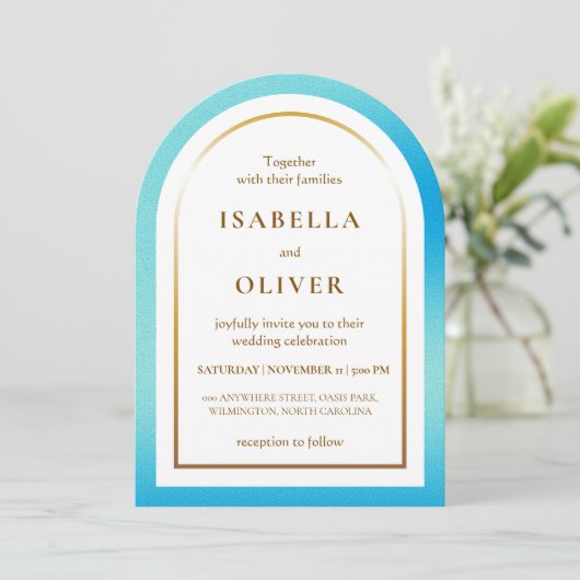 Invitation Light blue golden frame gradient wedding (Debout devant)