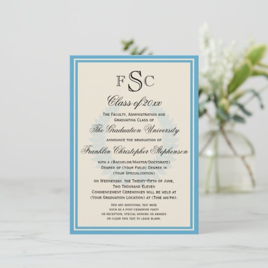 Invitation Light Blue Monogram Laurel College Graduation (Debout devant)
