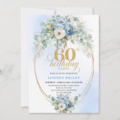 Invitation Light blue peony eucalyptus gold 60th birthday  (Devant)