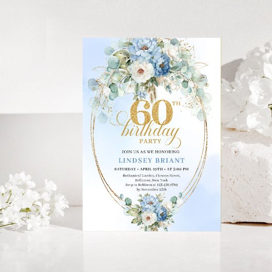 Invitation Light blue peony eucalyptus gold 60th birthday 