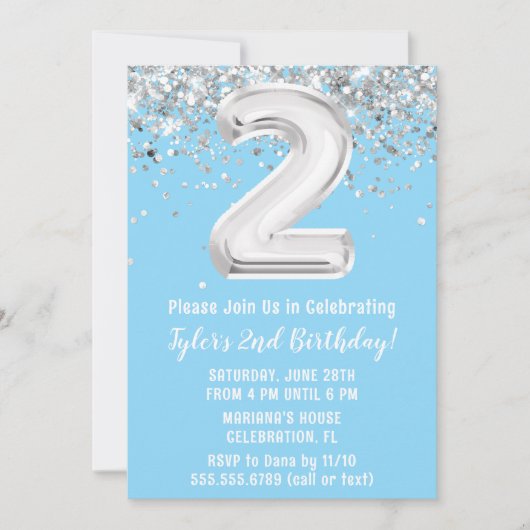 Invitation Light Blue Silver 2e fête d'anniversaire (Devant)