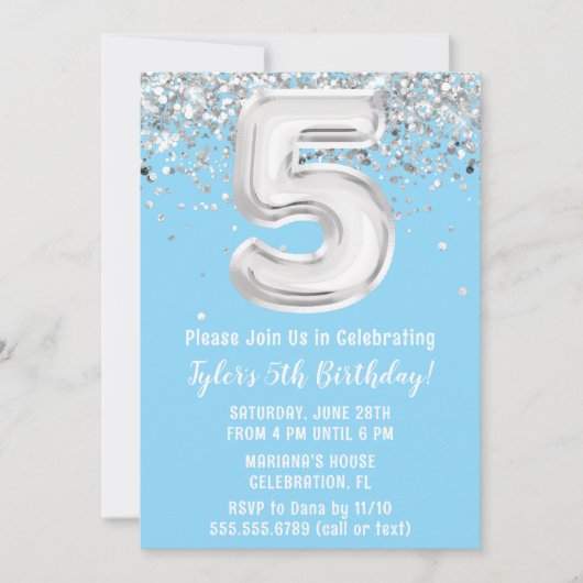 Invitation Light Blue Silver 5e fête d'anniversaire (Devant)