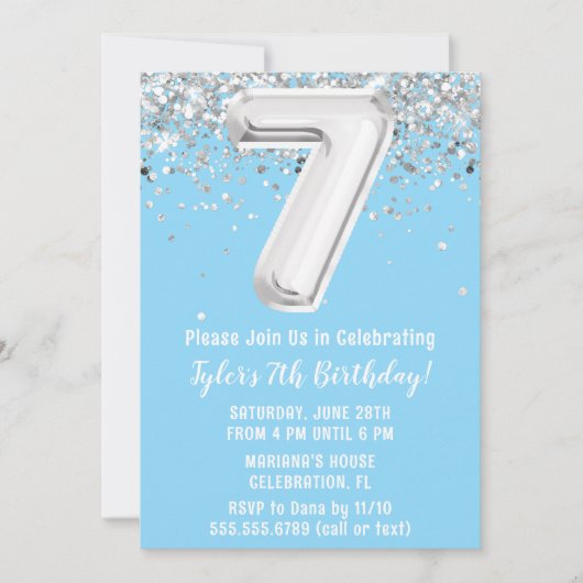 Invitation Light Blue Silver 7e fête d'anniversaire (Devant)