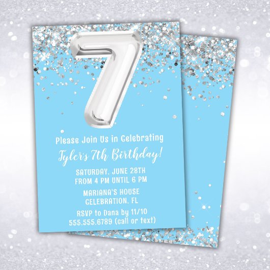 Invitation Light Blue Silver 7e fête d'anniversaire