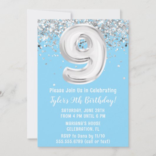 Invitation Light Blue Silver 9e fête d'anniversaire (Devant)