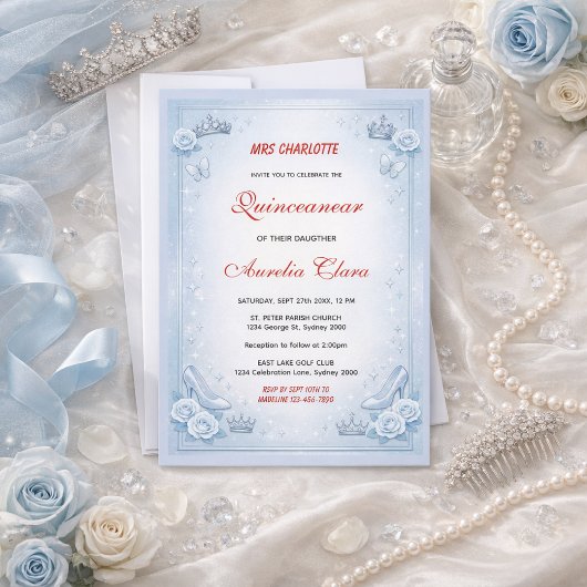 Invitation Light Blue Silver Princess Quinceanera Birthday 