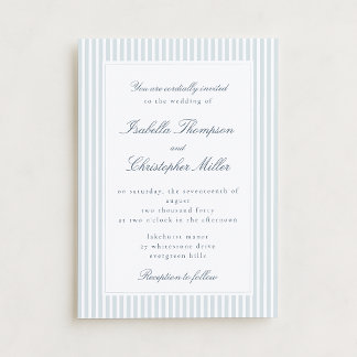 Invitation Light Blue Striped Modern Script Wedding Invitatio