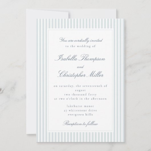 Invitation Light Blue Striped Modern Script Wedding Invitatio (Devant)