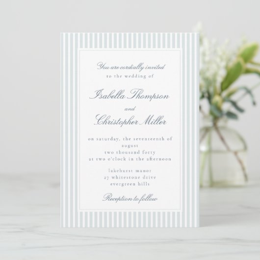 Invitation Light Blue Striped Modern Script Wedding Invitatio (Debout devant)