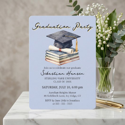 Invitation Light Blue Watercolor Books Cap Graduation Party