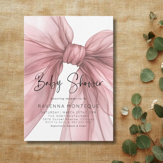 Invitation Light Blush Bow Clean Personalized Baby Shower 