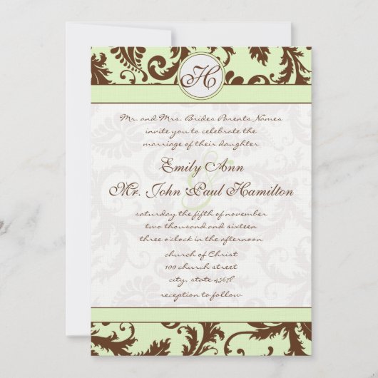 Invitation Light Celery Green Brown Mariage damassé Invitatio (Devant)