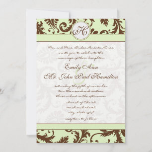 Invitation Light Celery Green Brown Mariage damassé Invitatio