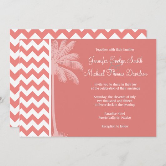 Invitation Light Coral Chevron Stripes; Palm Tree (Devant / Derrière)