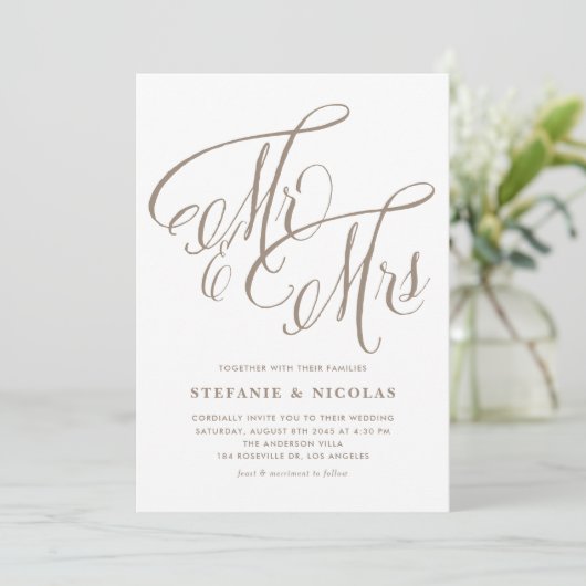 Invitation Light Gold M. et Mme Rustic Calligraphy Mariage (Debout devant)