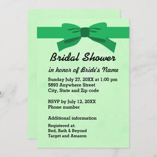 Invitation Light Green with Heart & Green Bow Bridal Shower (Devant / Derrière)