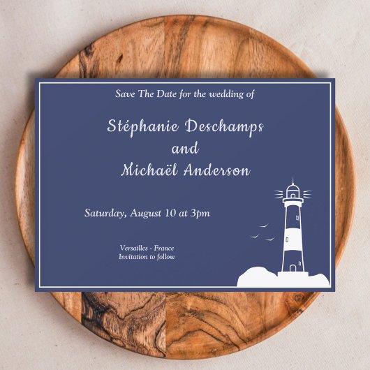 Invitation Lighthouse Marine Blue Wedding Enregistrer La Date