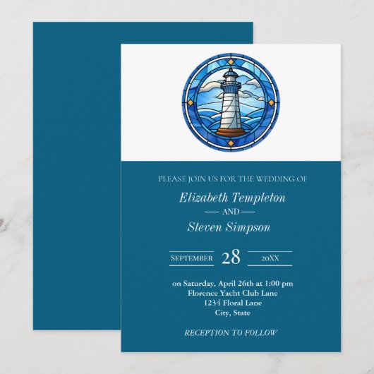 Invitation Lighthouse Nautical Wedding Maritime Modern  (Devant / Derrière)
