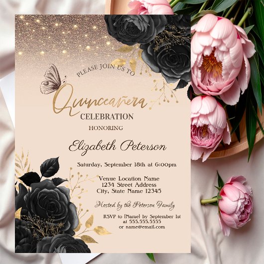 Invitation Lights,Black Roses Glitter Butterflies 