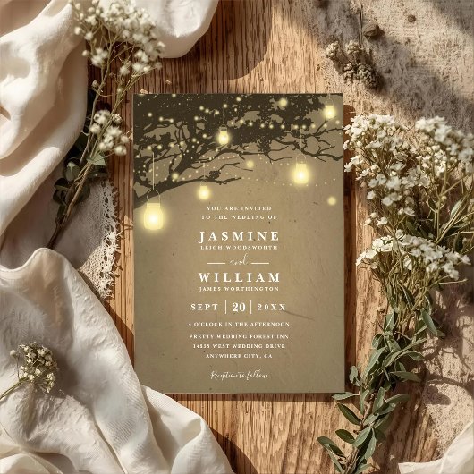 Invitation Lights on oak tree Rustic Elegant QR Code Wedding