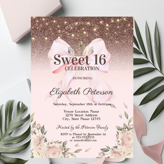 Invitation Lights, Pink Bow Flowers Glitter Sweet 16
