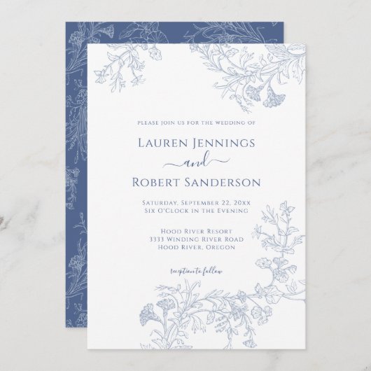 Invitation Ligne Bleue Chic Mariage Floral tiré (Devant / Derrière)