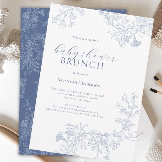 Invitation Ligne Bleue Chic Tirée Floral Baby Douche Brunch