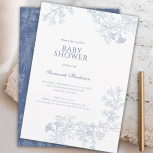 Invitation Ligne bleue classique Baby shower floral tiré