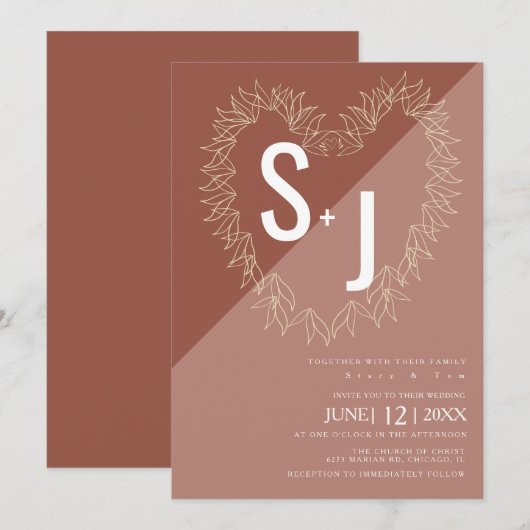 Invitation Ligne botanique Art Wreath Heart Mariage Earth Ton (Devant / Derrière)