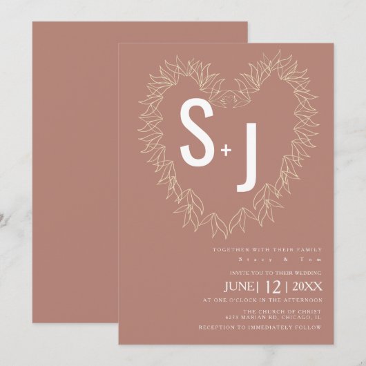 Invitation Ligne botanique Art Wreath Heart Mariage Earth Ton (Devant / Derrière)